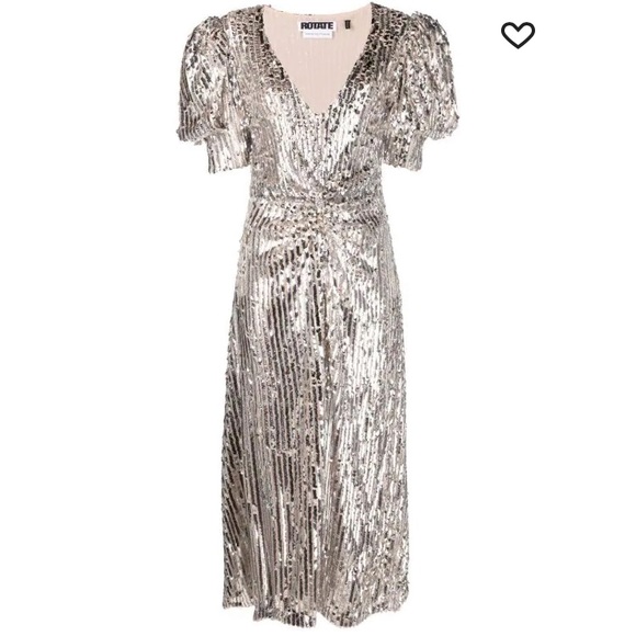 Rotate Birger Christensen Sierina Dress Silver Sequin Puff Sleeve Midi Size 6 - Picture 16 of 16